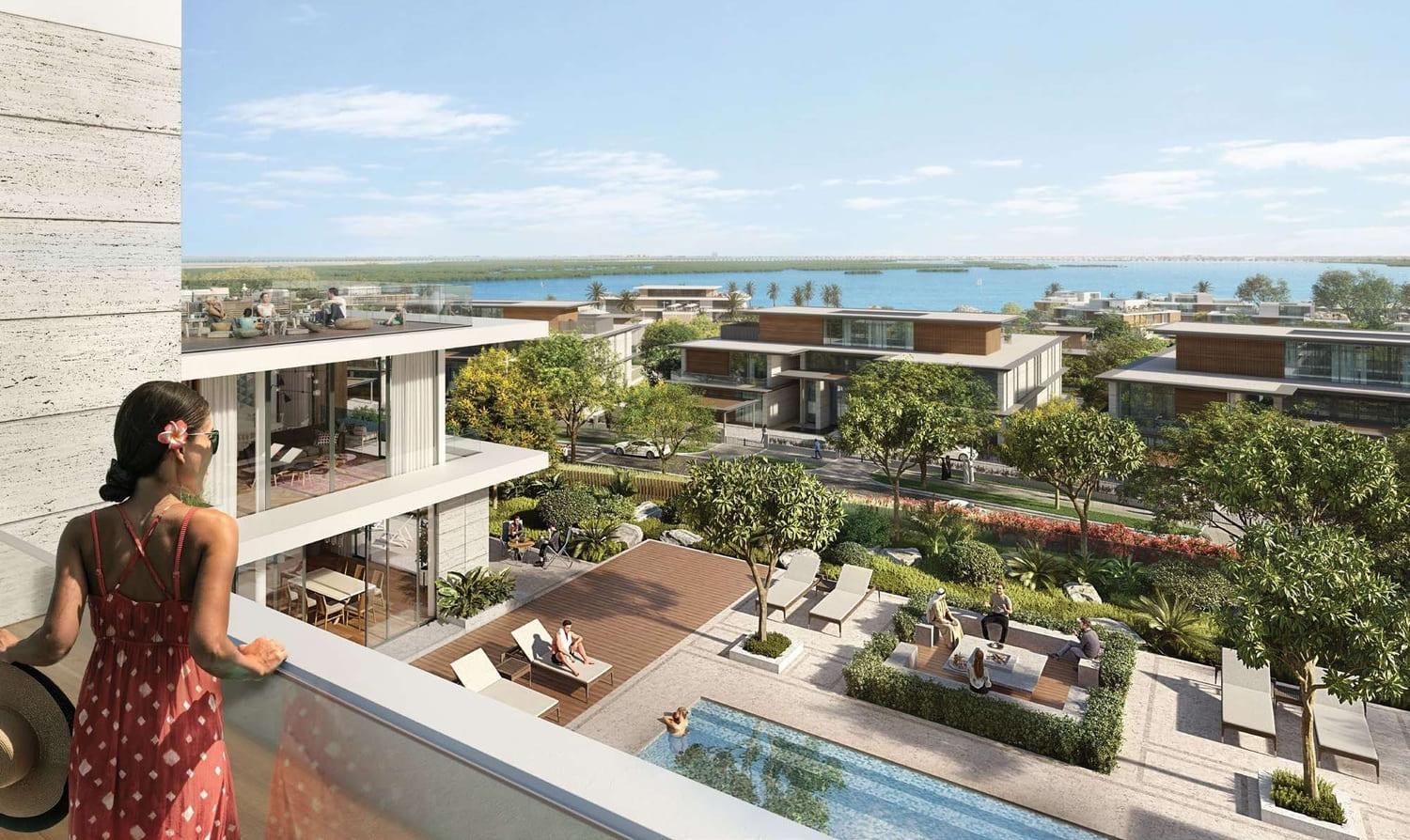 Waterfront surroundings of Reem Hills Villas at Al Reem Island with scenic canal and green spaces.