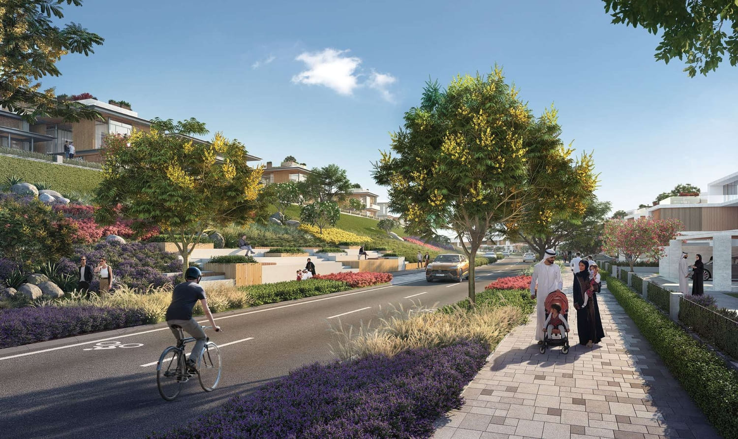 Beautiful landscaped streets within Reem Hills Villas on Al Reem Island residential community.